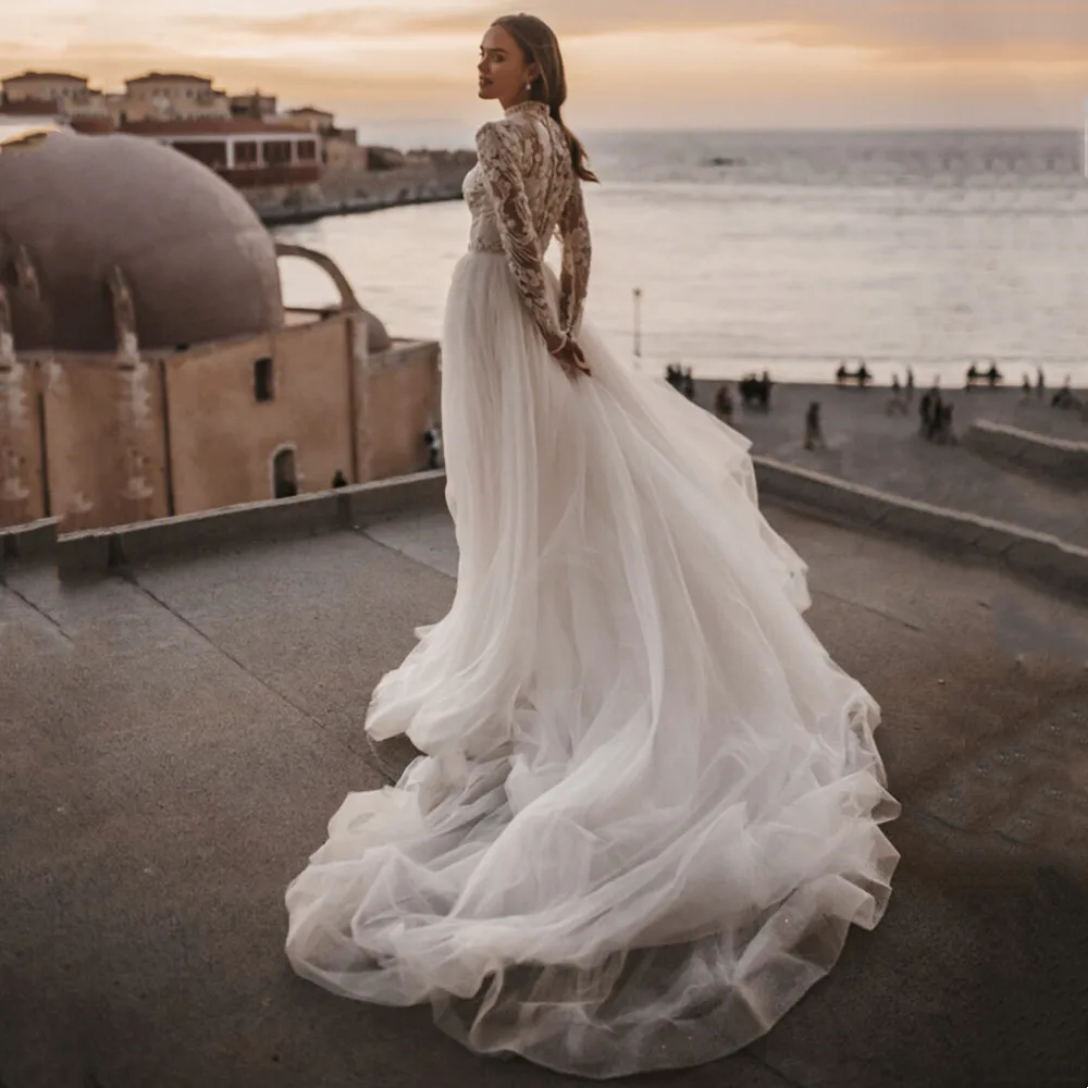 Elegante vestido de novia de manga larga de encaje, línea A, romántico, hasta el suelo, bata de novia de manga larga