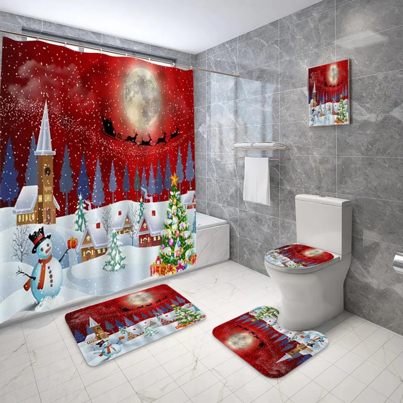 4pcs/Set Christmas Shower Curtains Snowman Christmas Tree Xmas New Year Bathroom Decor Non-slip Rug Bath Mats Toilet Lid Cover