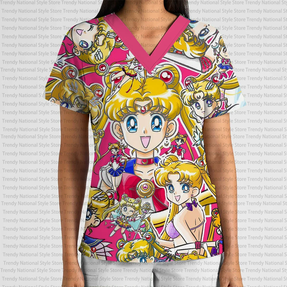 

Women's Sweet and Cute Anime Print V-Neck Pocket Frosted Top, Pet Shop Grooming Suit, Commuter Clothing, Women's Grooming T-Shir