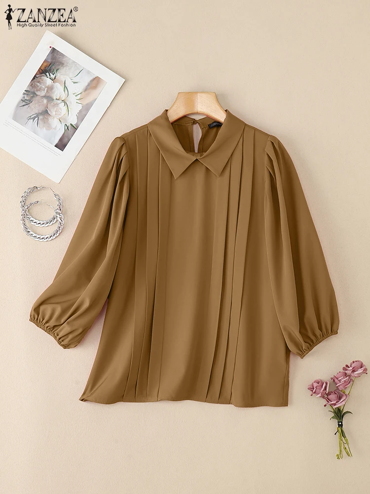 ZANZEA Korean Women Fashion Blouses 2025 Autumn Puff Sleeve Pullover Casual Solid Tunic Tops Pleated Elegant Office Lady Shirts