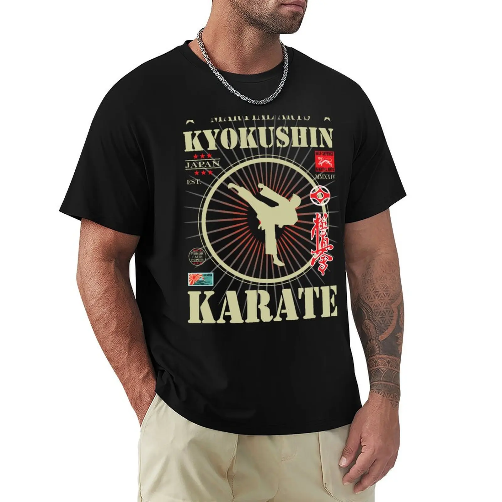 Noble Kyokushin Karate - With Kanji and Golden Writing and Symbol T-Shirt Summer Print Short Sleeve Tee