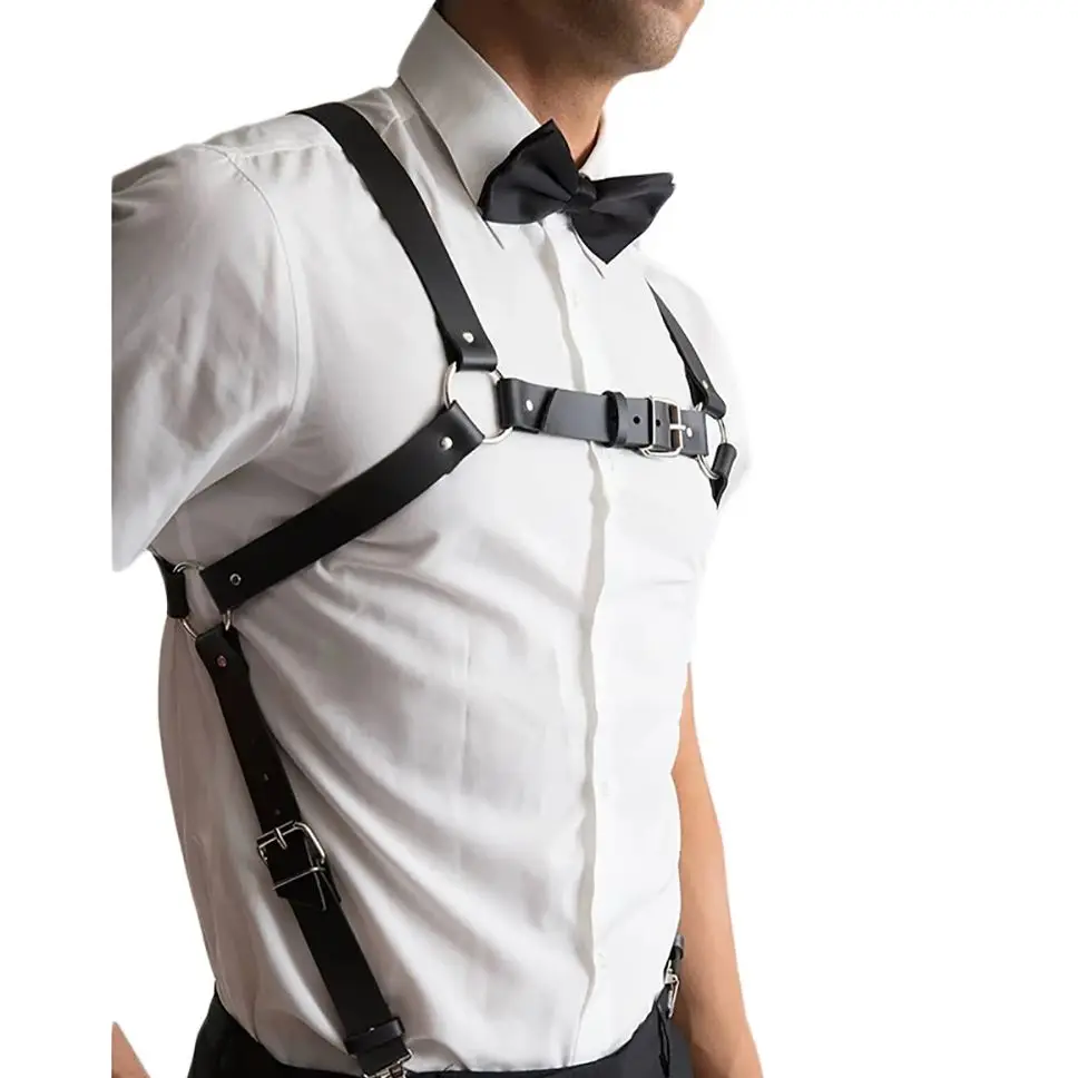 UYEE Fashion Suspender for Men PU Leather Harness Straps Shirt Stays Belt Women Braces X-back Adjustable Mens Belts Accessories