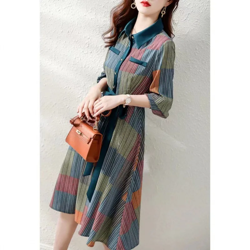 Korean Autumn Patchwork Women Dress 2023 New Floral Long Sleve Lacing Turn Collar Button Pullover Female Dresses Vestidos