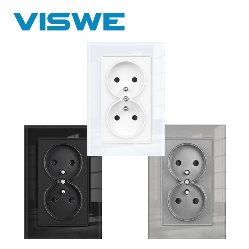 

VISWE Французская вертикальная двойная розетка, хрустальное стекло 110-250 В, настенные патроны 16A FR, двойная розетка 122*82 мм с железом