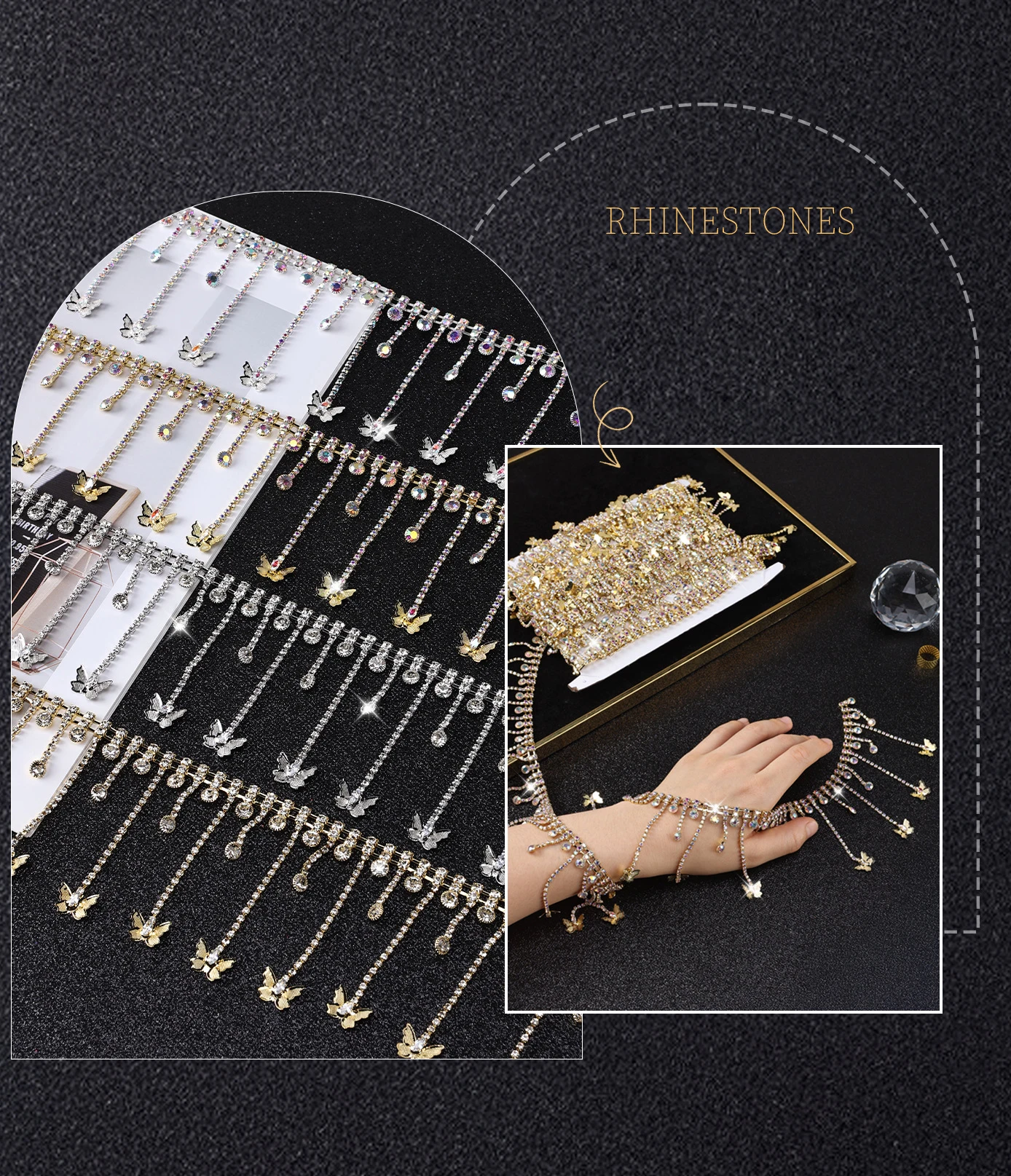 5 Yards Strasskette Kristalldiamant DIY Bastelzubehör Schmetterling Quaste Glitzer Strassband Nähzubehör Dekorationsgeschenke – Detail 2