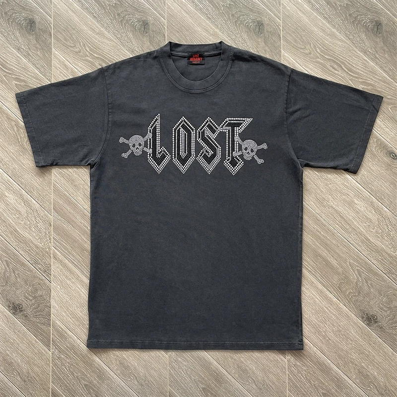 

New Summer Rhinestone Lost Intricacy Short Sleeve Men's Cotton Tshirts Crew Neck Loose Top Tees Oversized Streetwear T-shirts