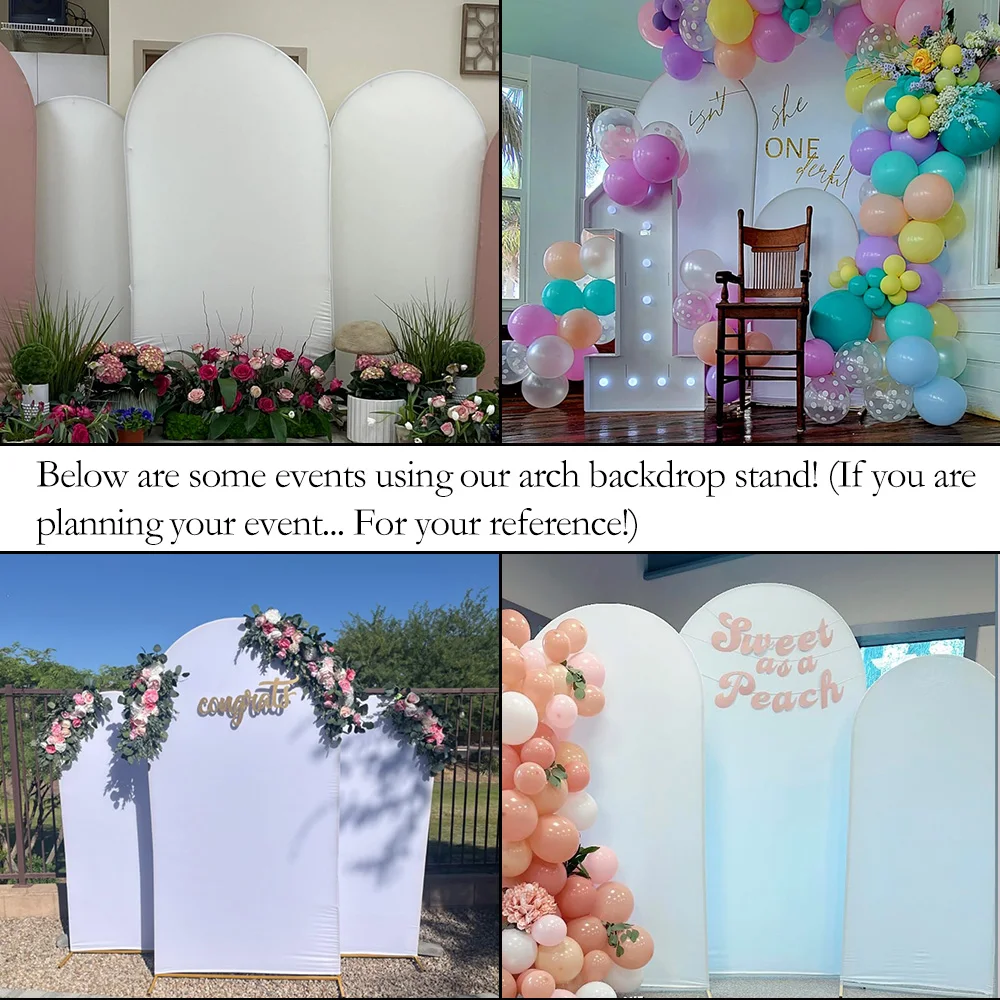 Wedding Arch Backdrop Stand and Cover Set, 6.6FT/5.9FT/4.9FT, 3 Gold Metal Arch Stands with 3 White Spandex Arch Covers for Part