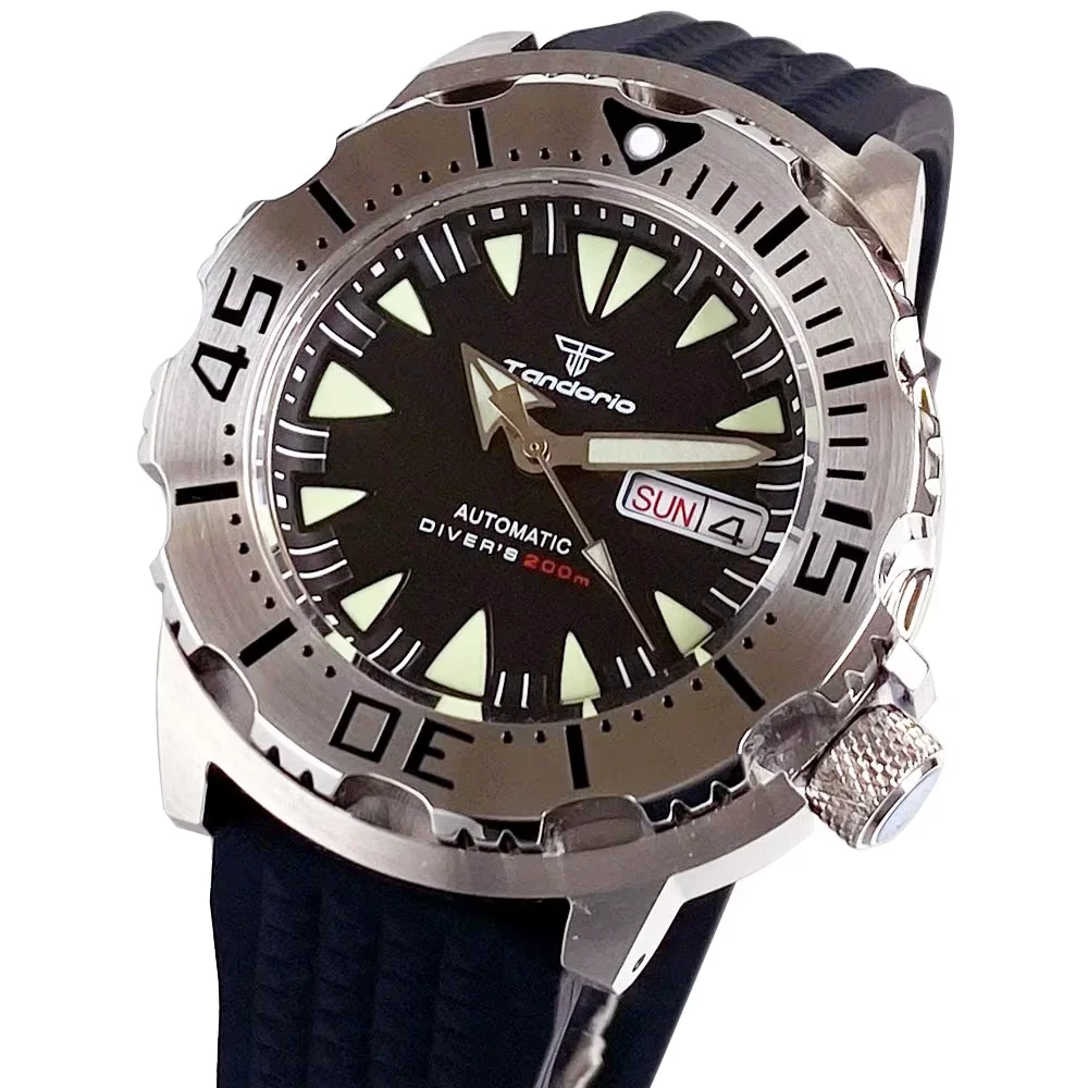 

Мужские часы Tandorio 42 мм, черные, с сапфировым стеклом, водонепроницаемые до 200 м, для дайвинга, с механизмом NH35, механические, для мужчин-дайверов.