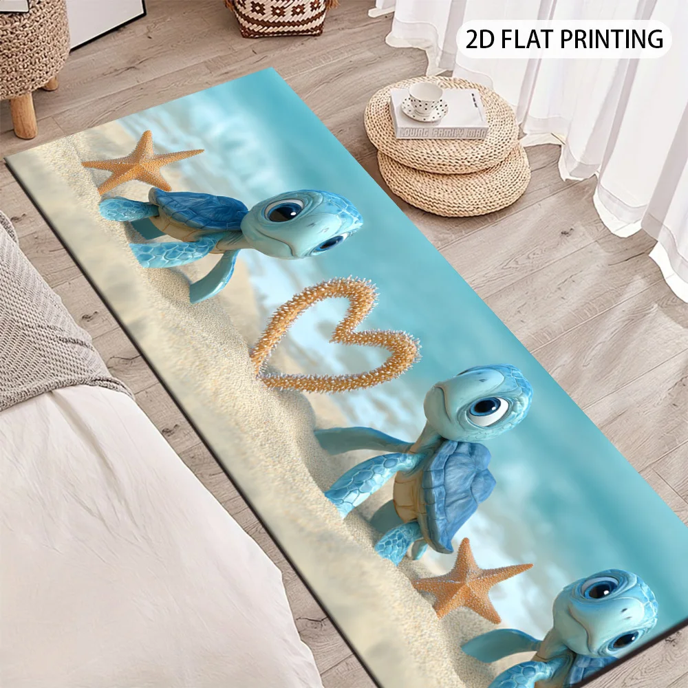 3D Cartoon Beach Turtle Starfish Heart Pattern Long Runner Rug, Non-Slip Rug for Kitchen, Entryway, Bathroom & Living Room