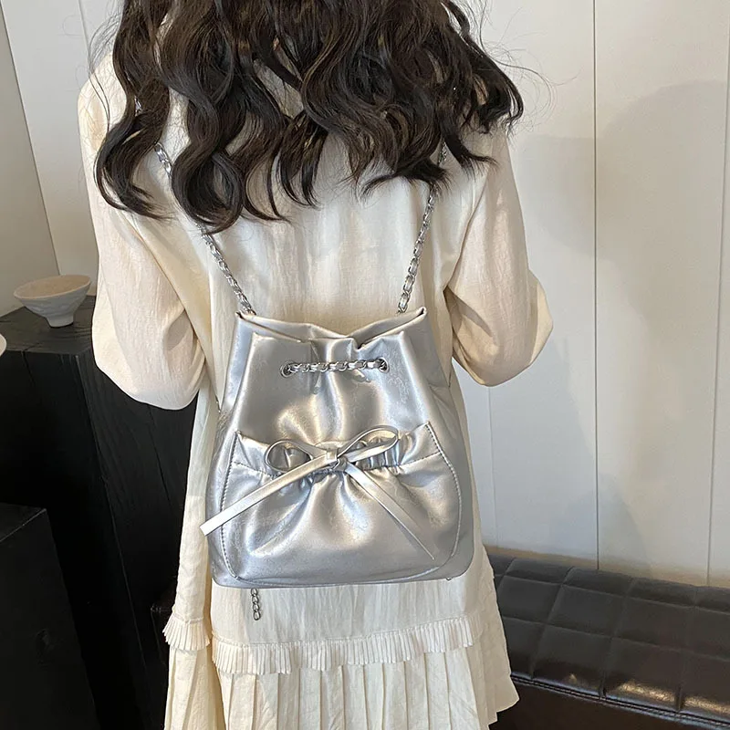 

2025 New Silver Bucket Bag for Women, Bow Accent Chain Strap Purse, Elegant Shoulder Crossbody Bag, Very Chic & Versatile