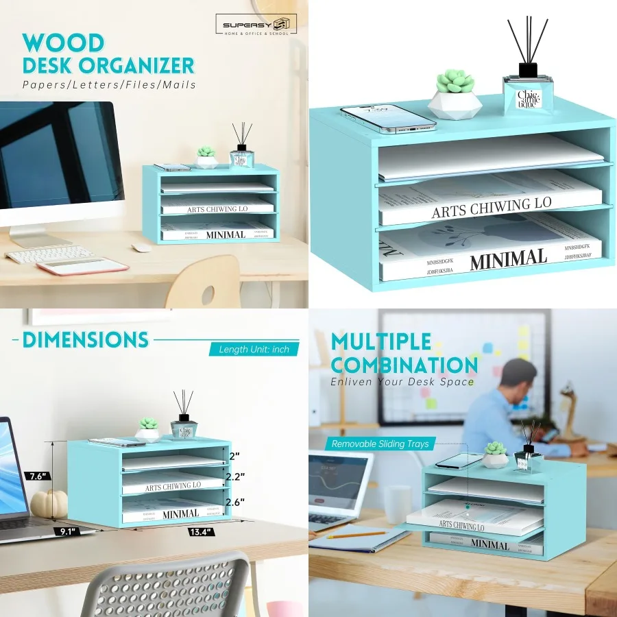 SUPEASY Wood Desk Organizer 3 Tier Paper File Organizer for Desk Wooden Desktop Organizer Paper Letter Literature Mail Sorter f