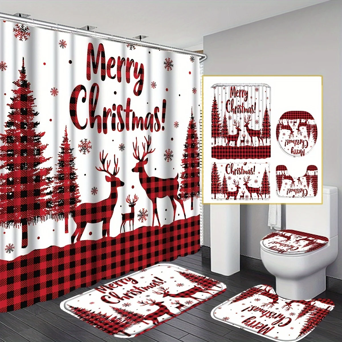 4pc Christmas Moose Shower Curtain Set, Red Snowflake Pattern, Xmas Bathroom Decor, 12 Hooks Included