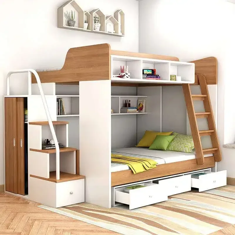

#Mixed Color MDF Pine Solid Wood Convertible Multifunction Children Wooden Kids Bunk Bed With Ladder and Drawer