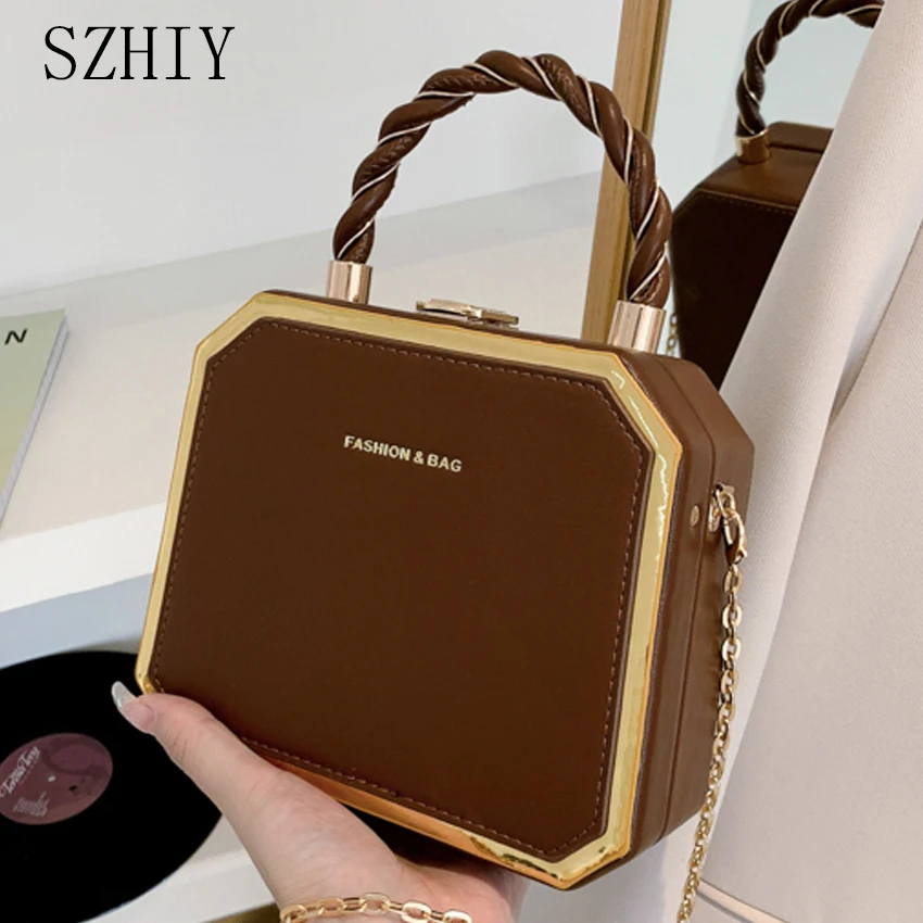 

Модная дизайнерская металлическая квадратная сумка для женщин, маленькая цепочка для сотового телефона, на одно плечо, сумка через плечо, коробка с вечерним принтом, Классическая однотонная