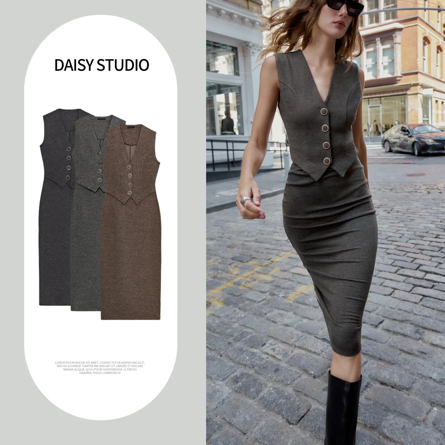 

Новинка зимы: минималистичное платье миди без рукавов с V-образным вырезом, прямым подолом и декоративными пуговицами, повседневное, однотонное, из полиэстера.