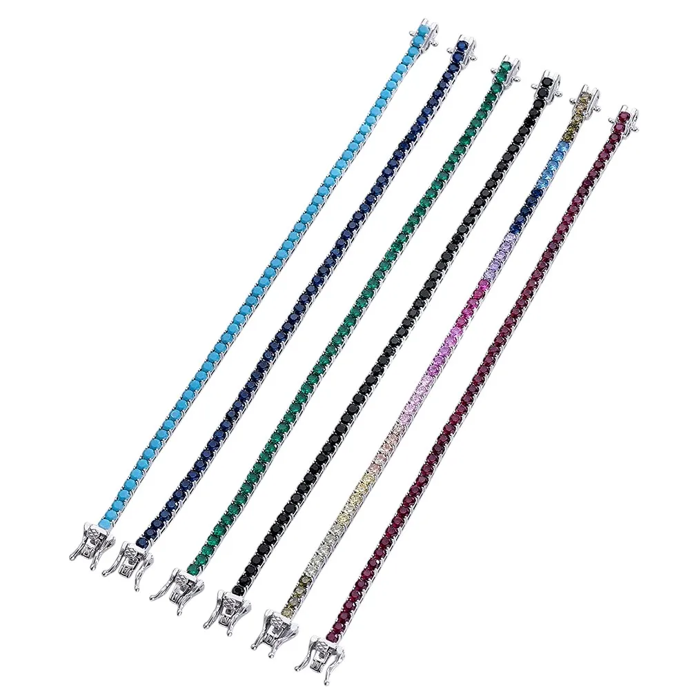 Czyste srebro 14-21 CM bransoletka tenisowa biżuteria łańcuszek Pave 3mm rubinowy/niebieski/zielony/turkusowy/czarny CZ wieczność prawdziwa biżuteria 925 — zdjęcie 2