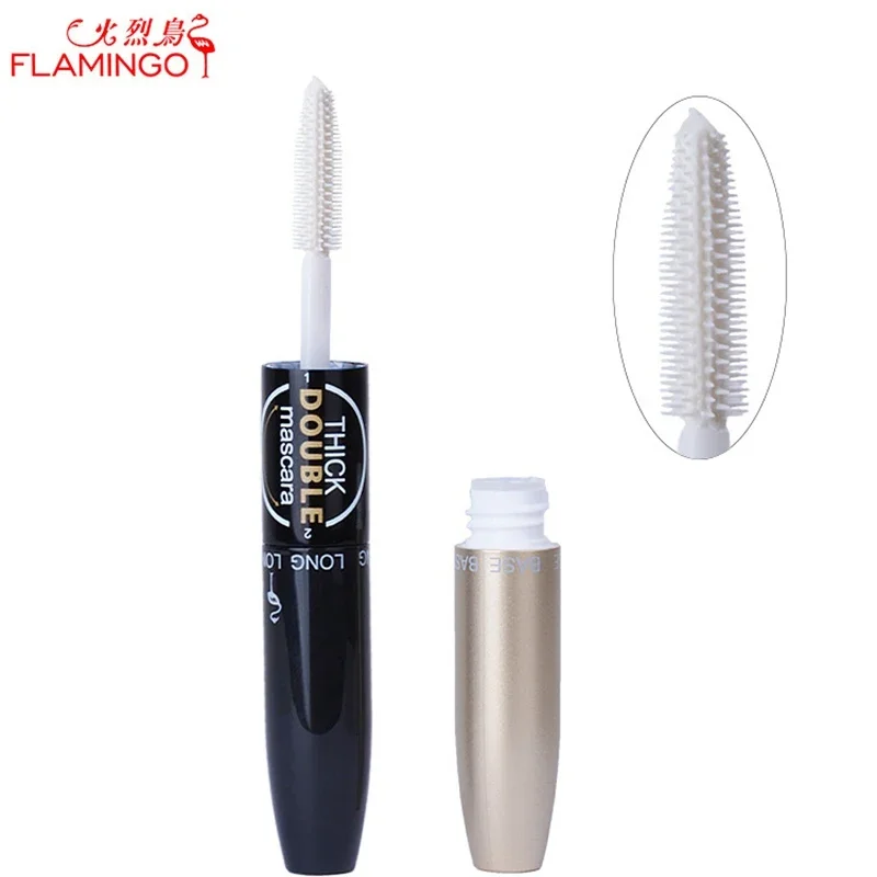 Máscara de pestañas de fibra de seda 4D 2 en 1 de doble punta Flamingo, máscara negra, volumen resistente al agua, máscara de ojos rizada de doble alargamiento