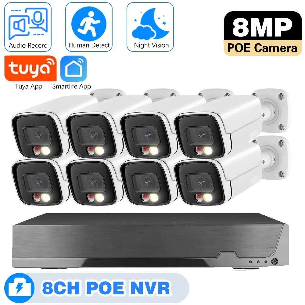 Smartlife Home 4K 8CH Tuya POE Security IP Camerae System 8MP Human Detection CCTV Camera System AI P2P Video Surveillance Kit