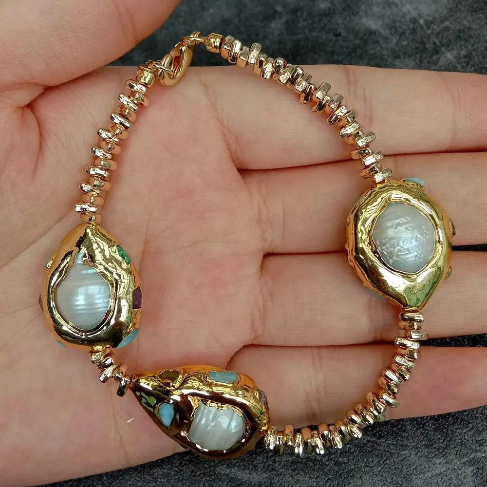 

YYGEM 20x23 мм культивированное белое жемчужное ожерелье из ларимара в стиле барокко, синее ожерелье с позолоченной цепочкой, простые ожерелья