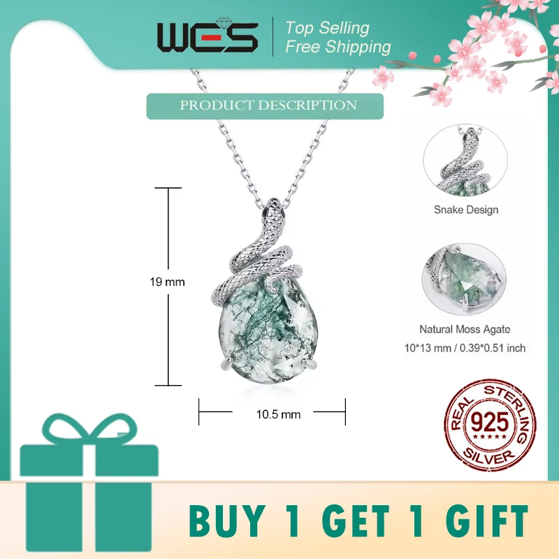 

WES 100% серебро 925 пробы, змея, натуральный 10*13 мм, кулон из мохового агата, ожерелье для женщин, обручальное животное, лес, ювелирные изделия, подарок, оптовая продажа