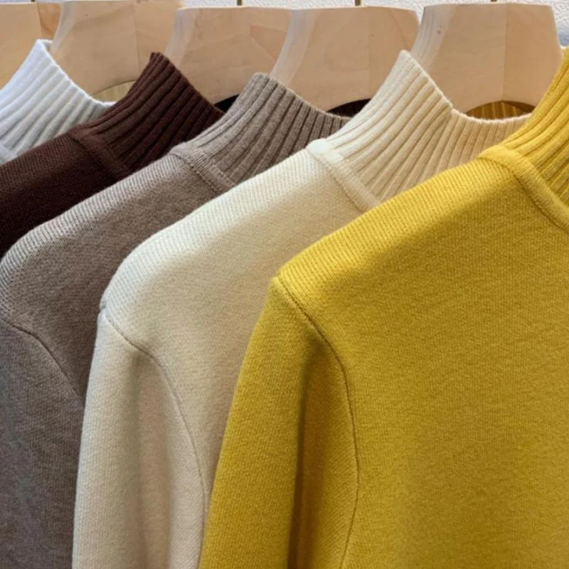 Turtleneck Solid Sweater Women Fashion New Stretch Tops Knitted Pullovers Long Sleeve Bottoming Knitted Simple Chic Clothes