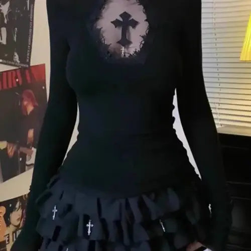 Imagen 2 del producto Top de cuello alto Y2k, ropa negra gótica cruzada hueca, camiseta inferior adelgazante para mujer, camiseta Sexy de manga larga, Tops para niñas