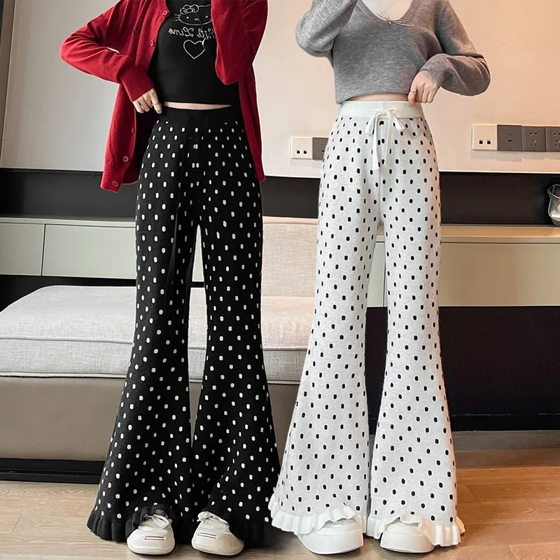 Vintage Polka Dot White Knit Flared Pants Women Spring Autumn High Waist Tie Belt Ruffled Wide Leg Pants Casual Street Trousers