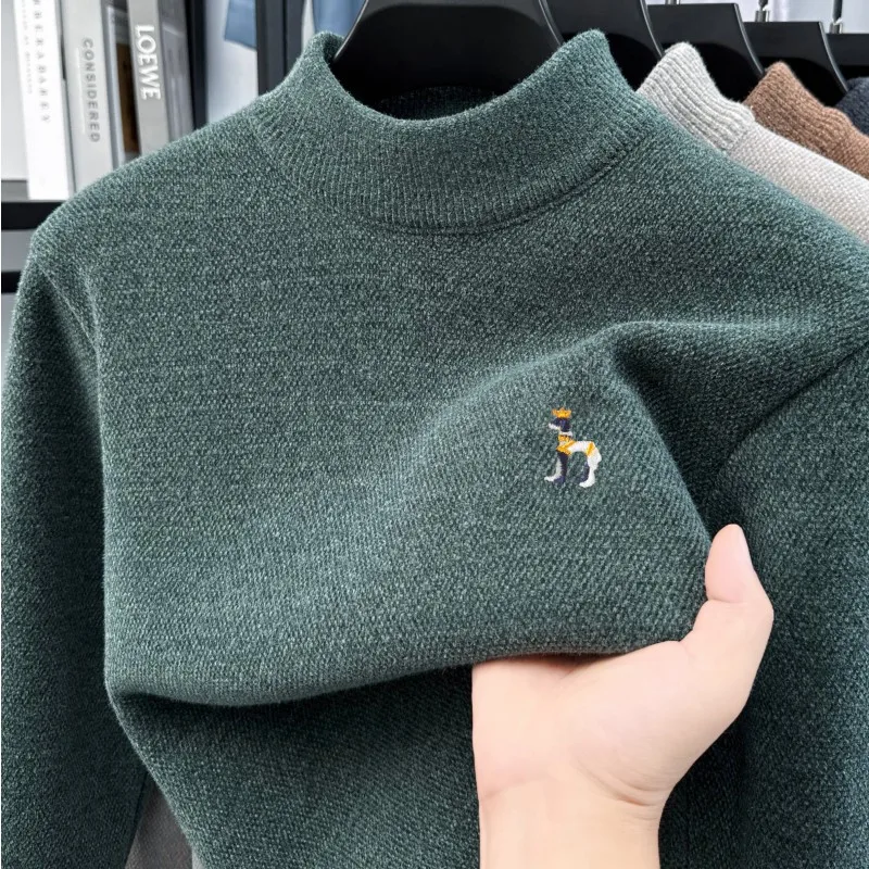 

High quality warm plush round neck sweater men fashion luxury brand cartoon dog embroidery Korean casual youth knitted pullover