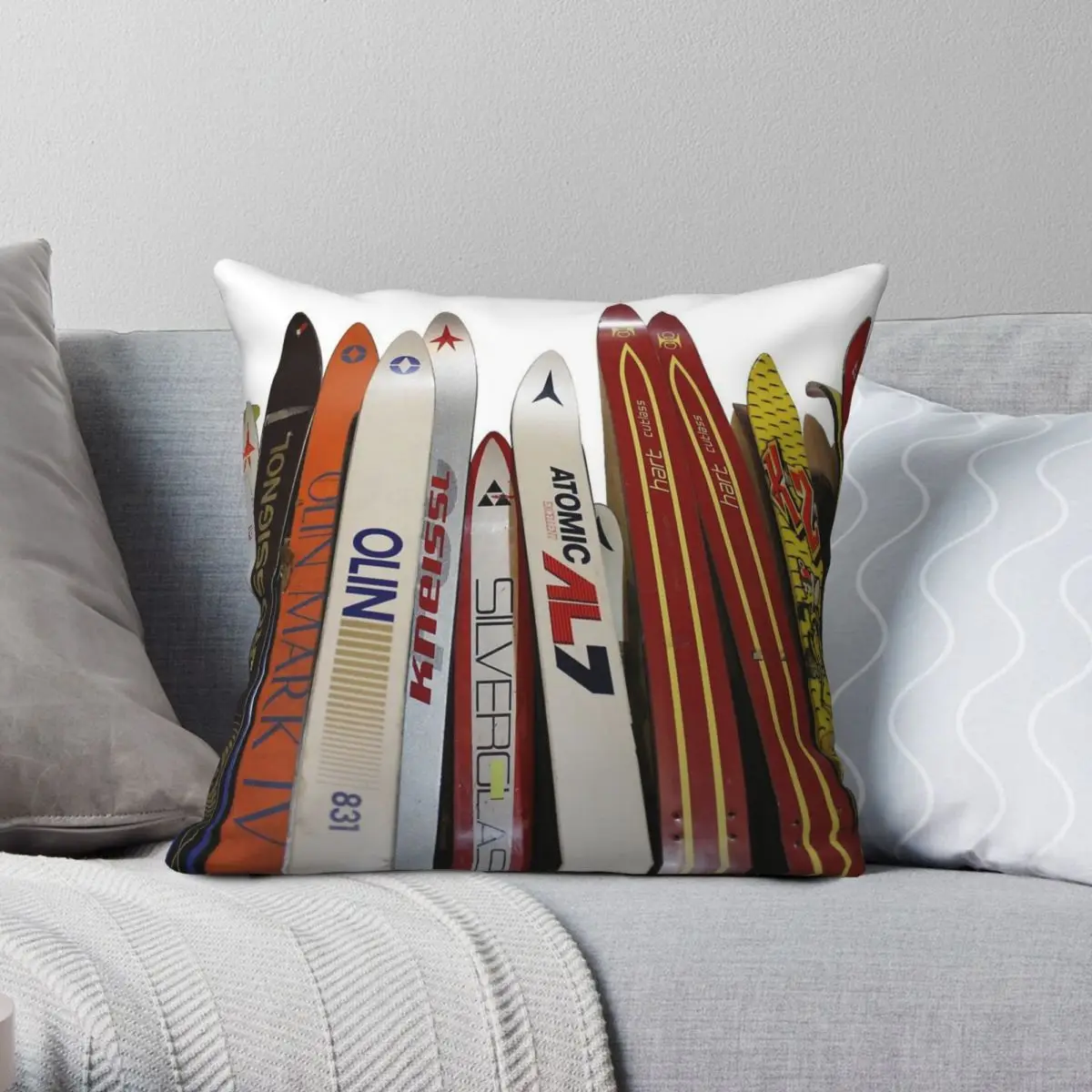Funda de almohada cuadrada Skis Gear, funda de almohada decorativa con cremallera estampada de terciopelo y lino de poliéster, funda de cojín para sofá