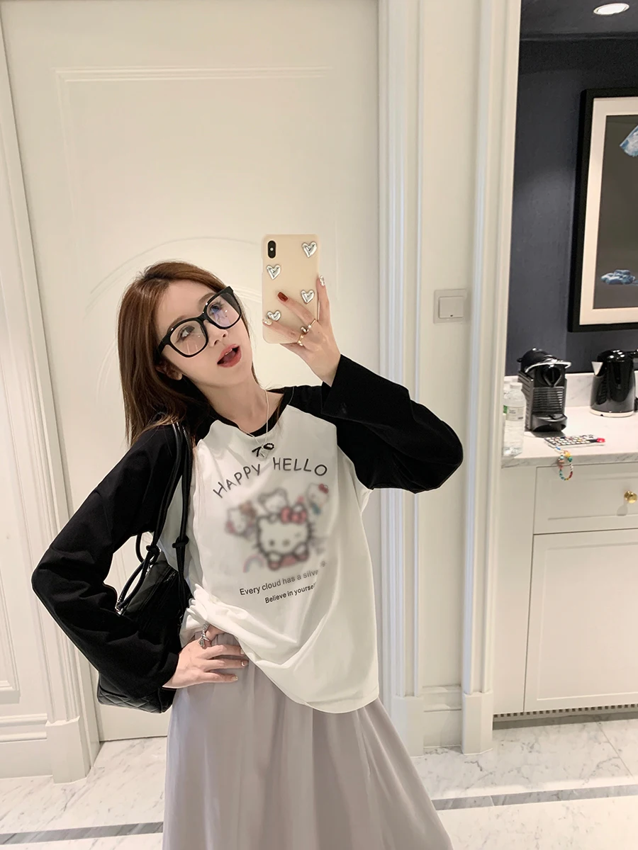 

Yanuo Candy House Long Sve round Ne Printed T-irt Fun Cartoon Color Blo Women's Top Cotton Polyester Blend Autumn Wear