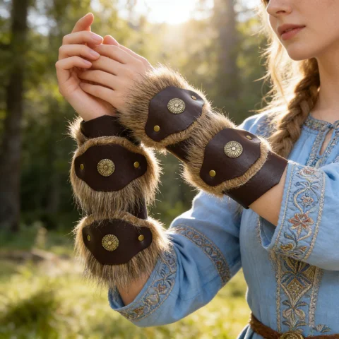 Medieval Steampunk Fur Wristband Leather Armor Bracer Viking Knight Gauntlet Bracers Renaissance Cosplay Costume Props 1pc