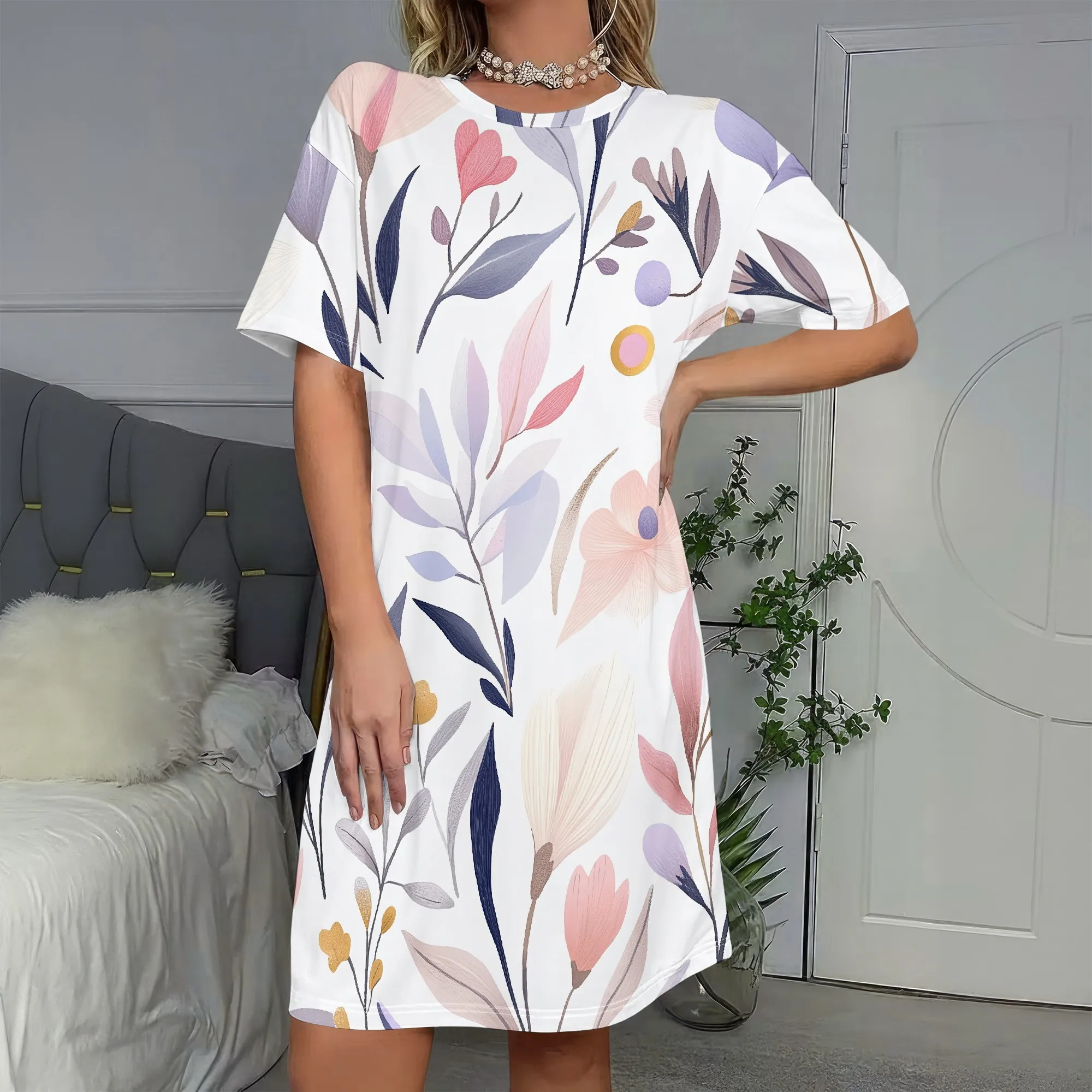 

Floral Print, Short Sleeve Dress, Loose Fit Shift Tunic, Pastel Leaves Pattern, Casual Summer Wear for Women, S-2XL