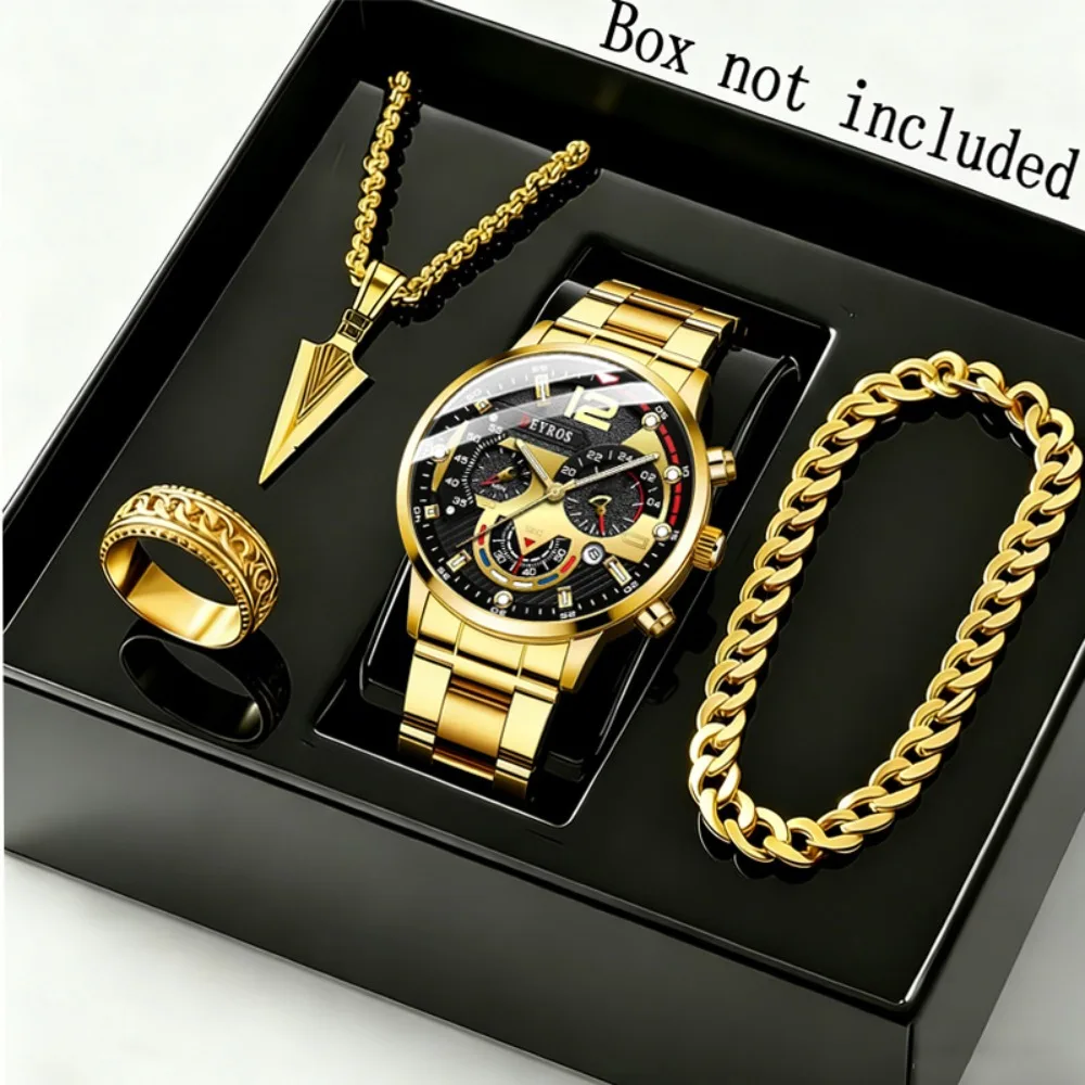 4pcs/set Men's Watch and Triangle Spearhead Necklace Set Combo - Luxury Analog Quartz Wristwatch Date Casual Men Watch