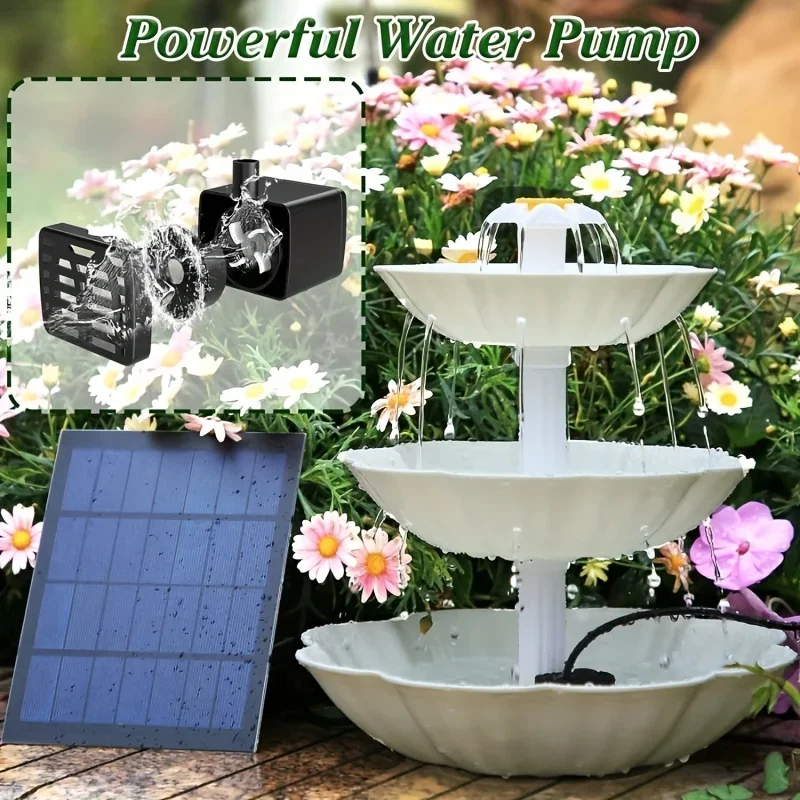 3 layers white bird bath with 3.5W solar pump for bird feeder set, DIY solar fountain, suitable for bird bath, garden decoration