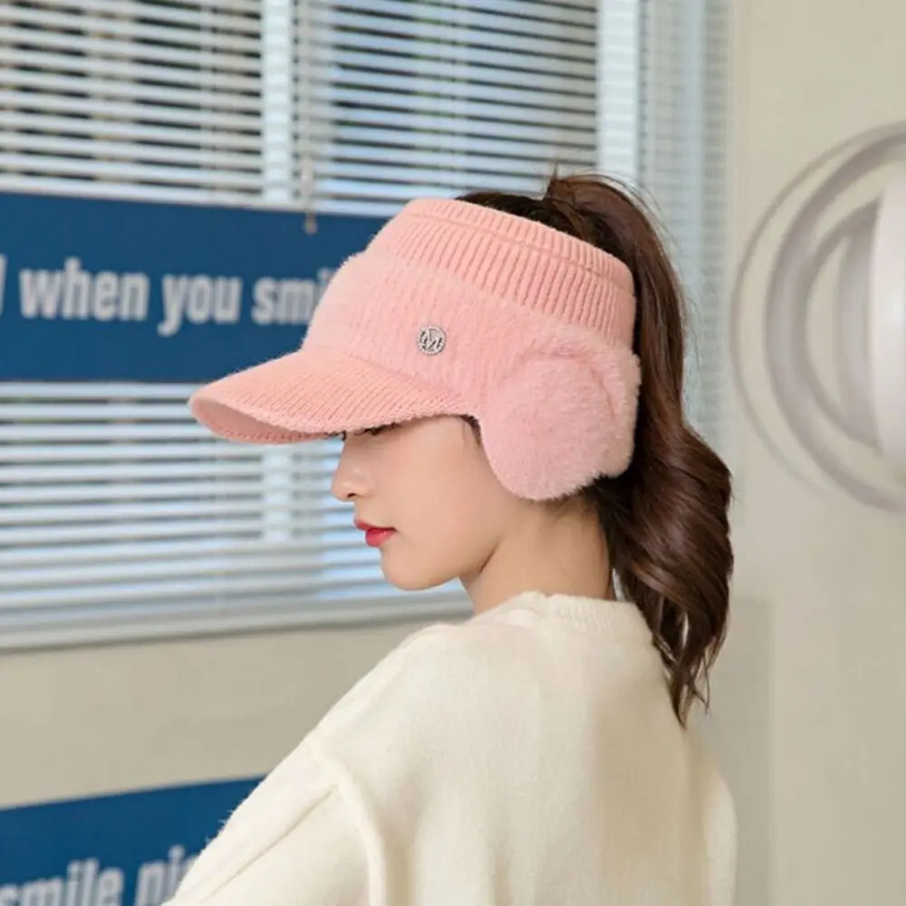 

Solid color Empty Top Baseball Cap Ear Protection Thickened Ponytail Hat Korean Style Windproof Knitted Baseball Hat Ladies