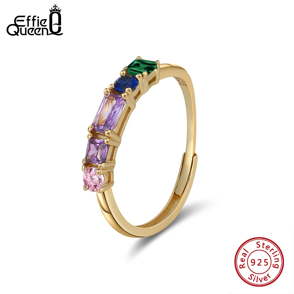 Effie Queen 925 Sterling Silver Open Rings Purple & Green & Blue AAAA Cubic Zirconia Adjustable Finger Accessory Present EQR64