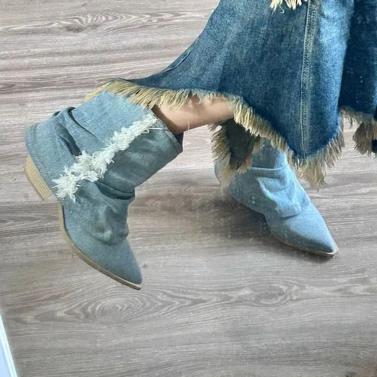 Pleated Denim Ankle Boots Women 2023 Autumn Pointed Toe Thick Heeled Cowgirl Boots Woman Blue Jeans Shoes Botas Plus Size 42