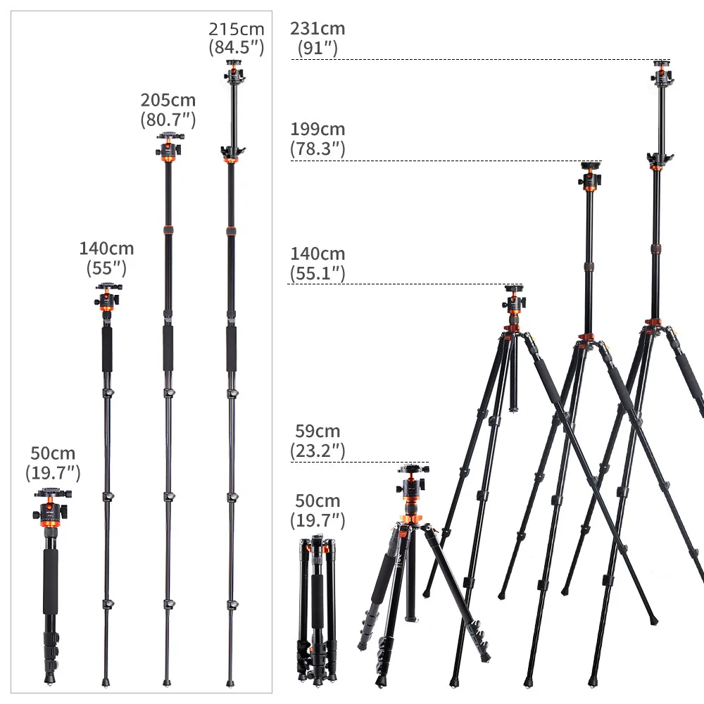 K&F Concept S210 91Inch/231cm Travel Portable Camera Tripod of Aluminum-Magnesium Alloy With KF-25 PTZ And Detachable Monopod