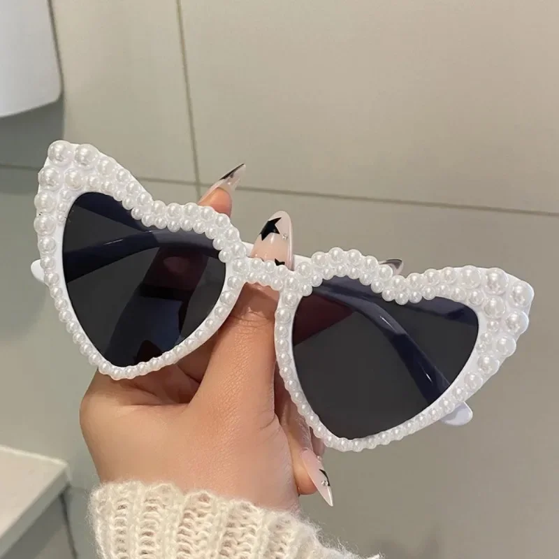 Fashion Pearl Love Heart Sunglasses Women's Large Frame Bling Glasses Wedding Party Decorative Sunglasses Y2K Couple Sun Glasses