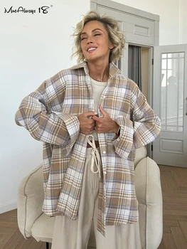 Muslimum Warm camicie a quadretti di lana Vintage donna camicette e top con bottoni oversize di classe autunno 2023 Casual Plaid Ladies