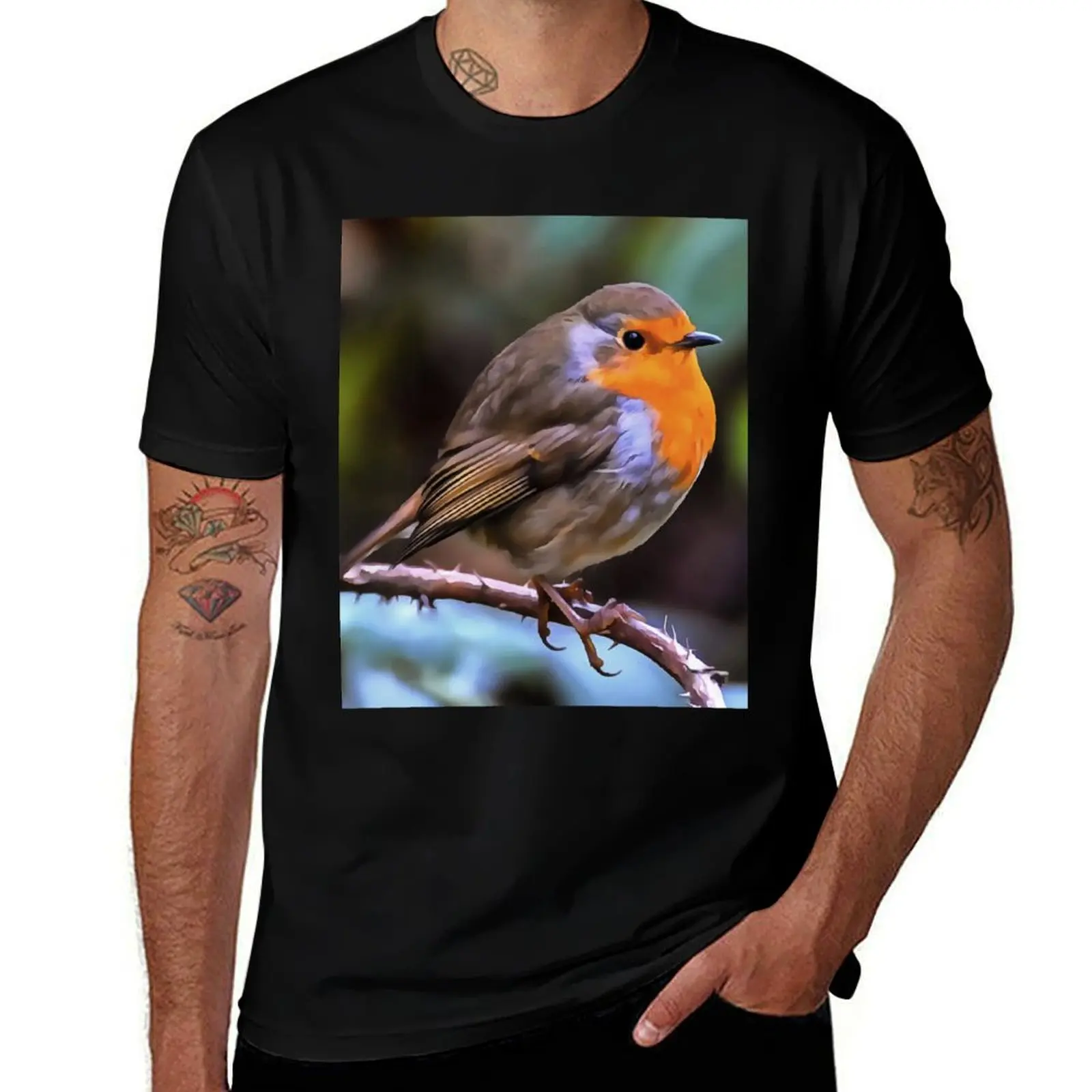 Plump Robin Perched On A Branch Wildlife Art T-Shirt Cool Feeling Summer Tee Shirt