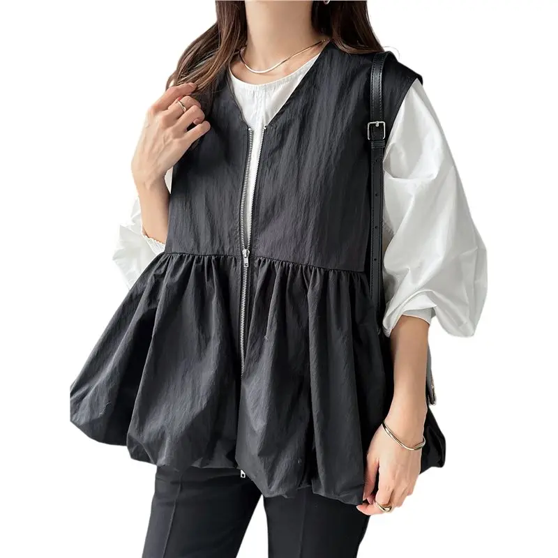 

CYL-Womens Puff Tops Business Casual,Short Sleeve Work Blouses Summer,Zipper V Neck Shirts