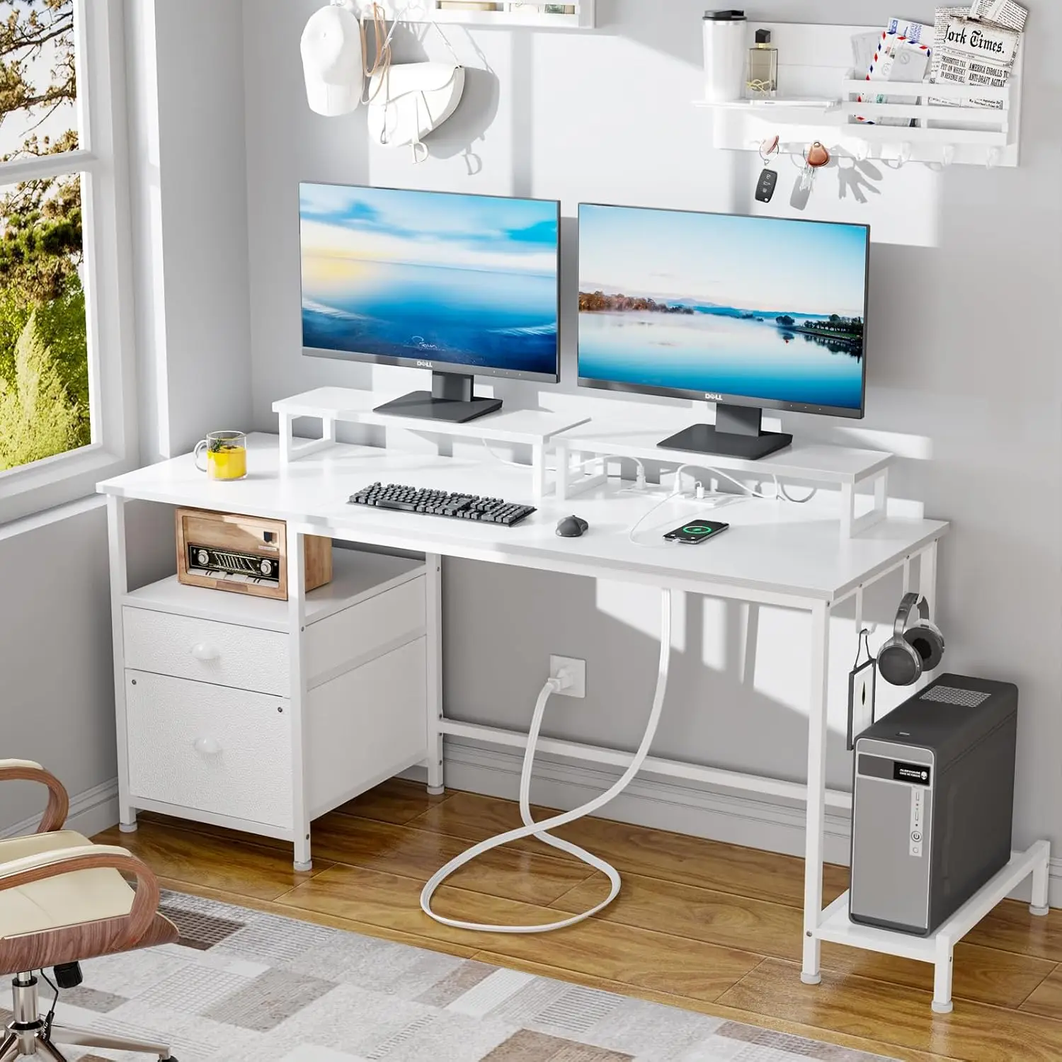 White Computer Desk with Drawer and Power Outlets, 55