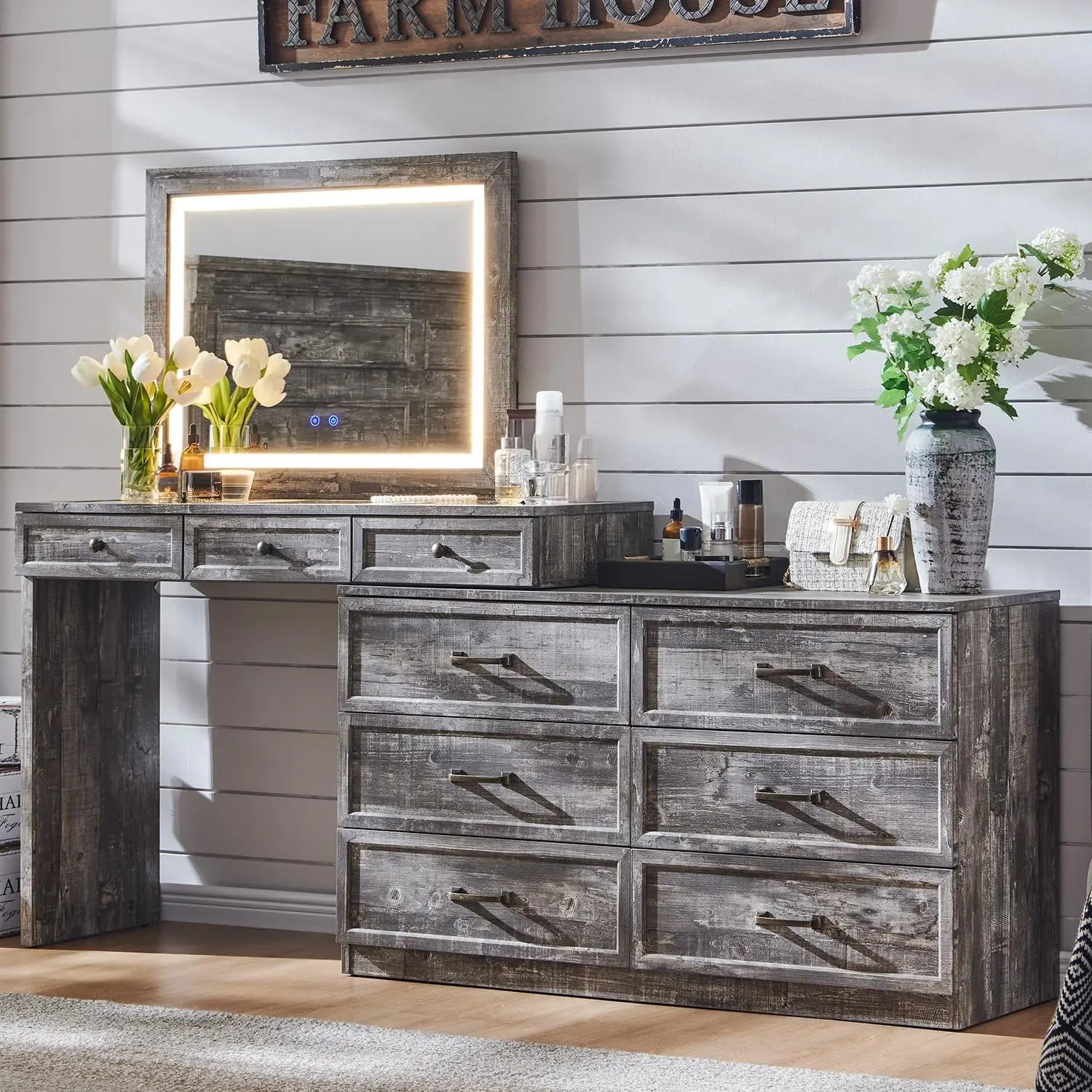 Farmhouse Vanity Desk Glass Top 9 Drawers Wood Makeup Table Storage Dressing Table LED Mirror 3 Color Light, Customized