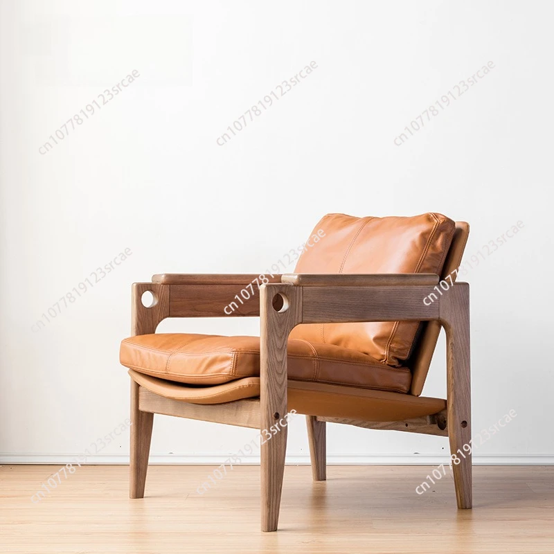 

Nordic designer solid wood leisure chair - home living room backrest armrest genuine leather far mountain relaxation sofa chair