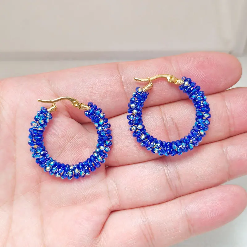 ZGMXR Rice bead earrings Circle Bohemia Crystal Winding Hand textile Dazzling colors Alloy Female Fashion Simple Beaded earrings