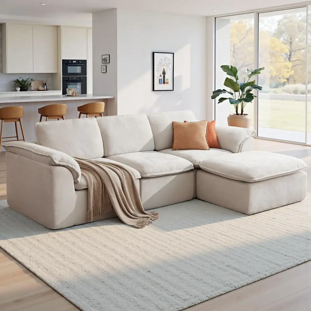 

112 Cloud Couch Sectional with Padded Armrests amp Moveable Ottoman Boneless Sectional Couches for Living Room White Couch, No
