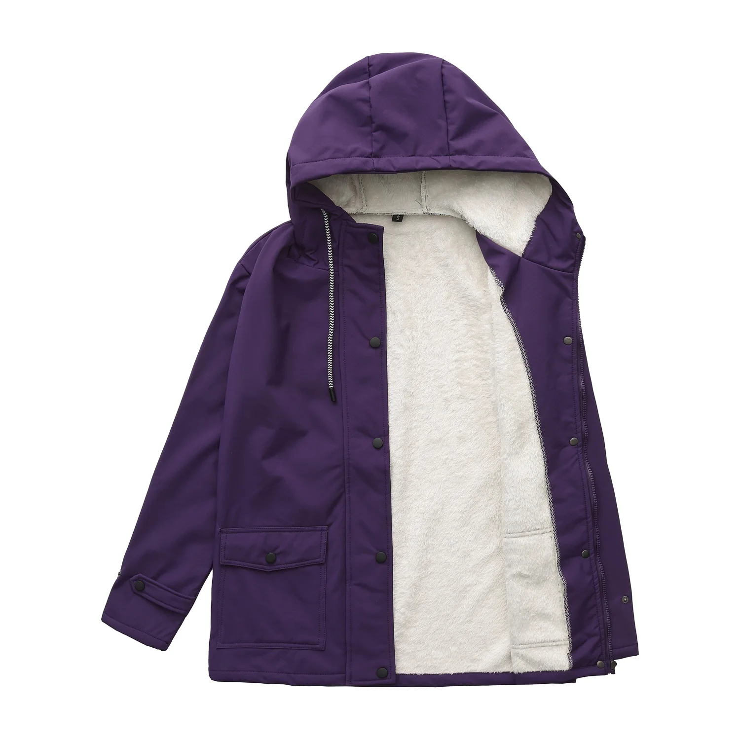 Winter Women's Long-sleeve Hooded Trench Coat, Purple Fleece-Lined Jacket,European Size Green Waterproof Overcoat.