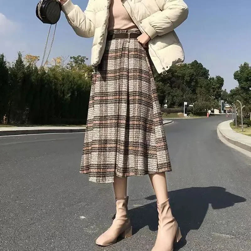 Lucyever Autumn Winter Thicken Long Skirt Women Vintage High Waist Irregular Plaid Skirts Female Elegant with Belt A-Line Skirts