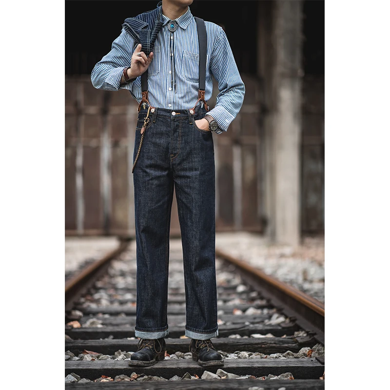 Firmranch Men/Women Retro 90s Primary Striped Denim Jeans Amekaji Suspenders American Vintage Railway Cargo Straight Bib Pants